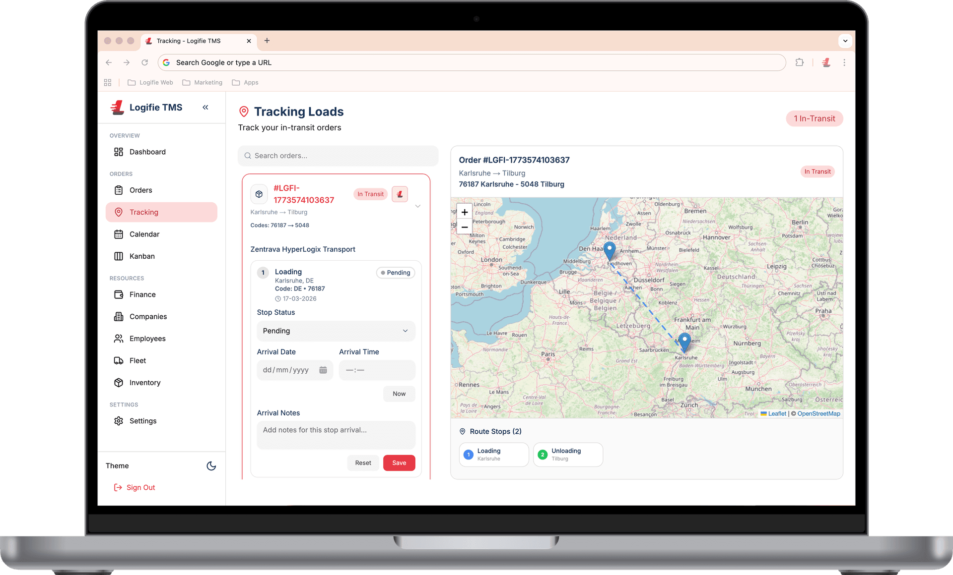 Logifie TMS live tracking dashboard