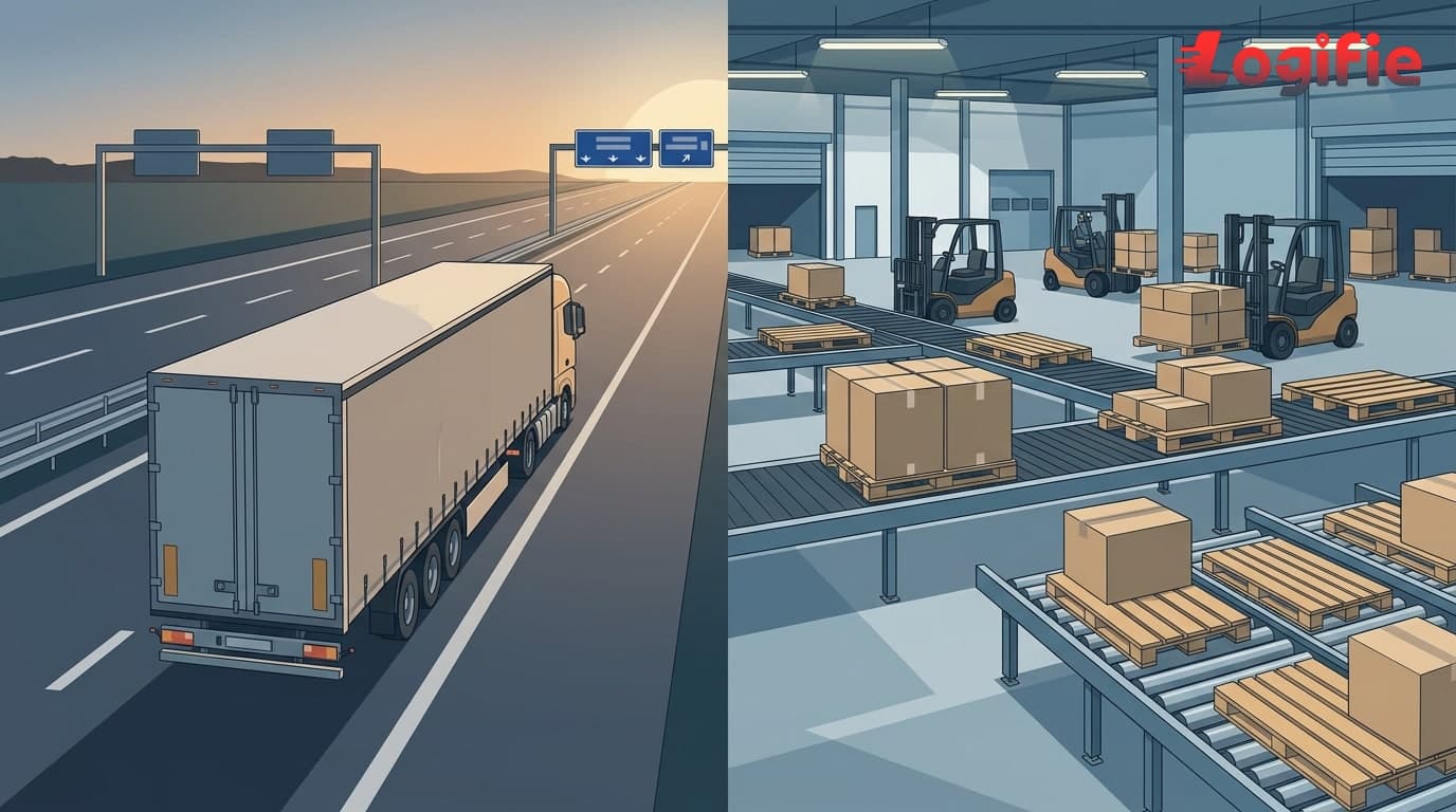 Split-panel editorial illustration: left side shows a full articulated truck on a European motorway at dusk (FTL), right side shows a busy sorting depot with pallets on conveyor belts (LTL groupage)