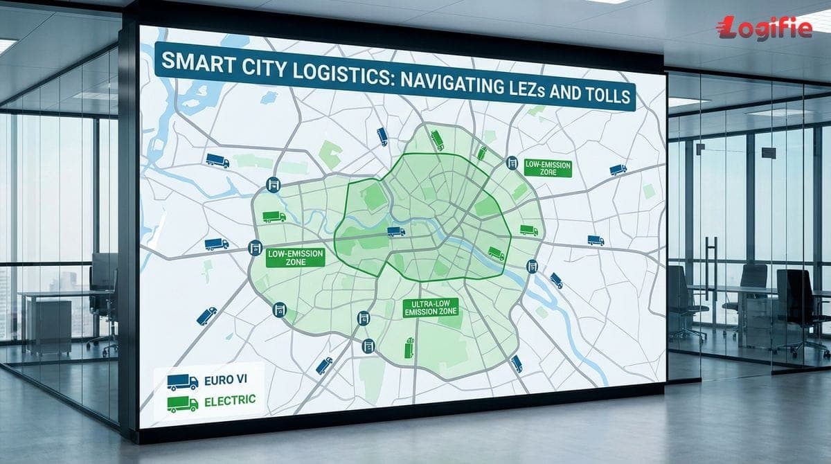 Illustration of a European city map with highlighted low-emission zones, toll gateways and different coloured truck icons indicating Euro VI and electric vehicles.