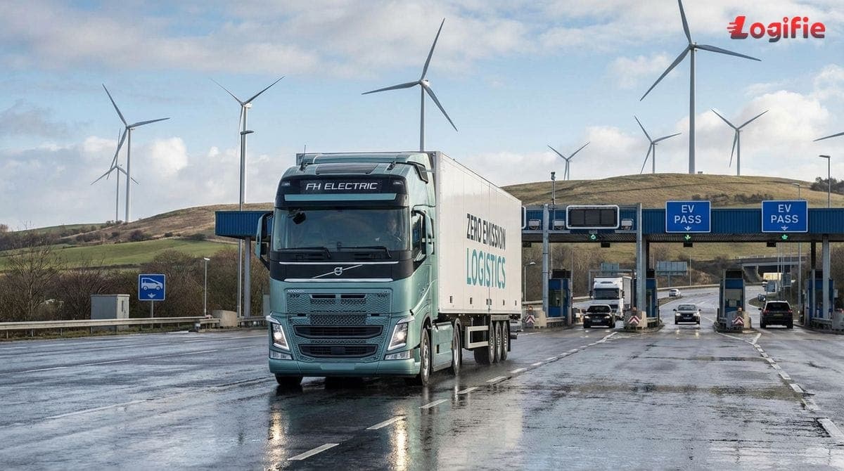 Photo of a heavy-duty electric truck passing a toll station on a European motorway with wind turbines in the background.