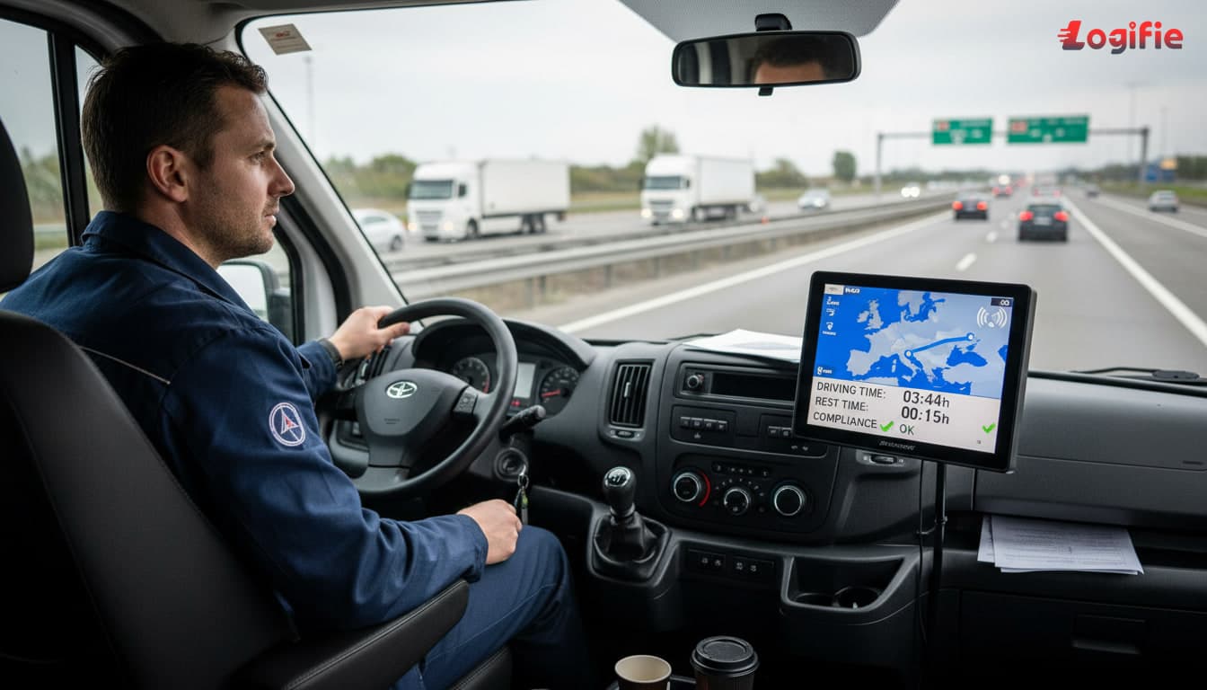 European van driver in cabin with digital tachograph display showing satellite positioning and compliance data