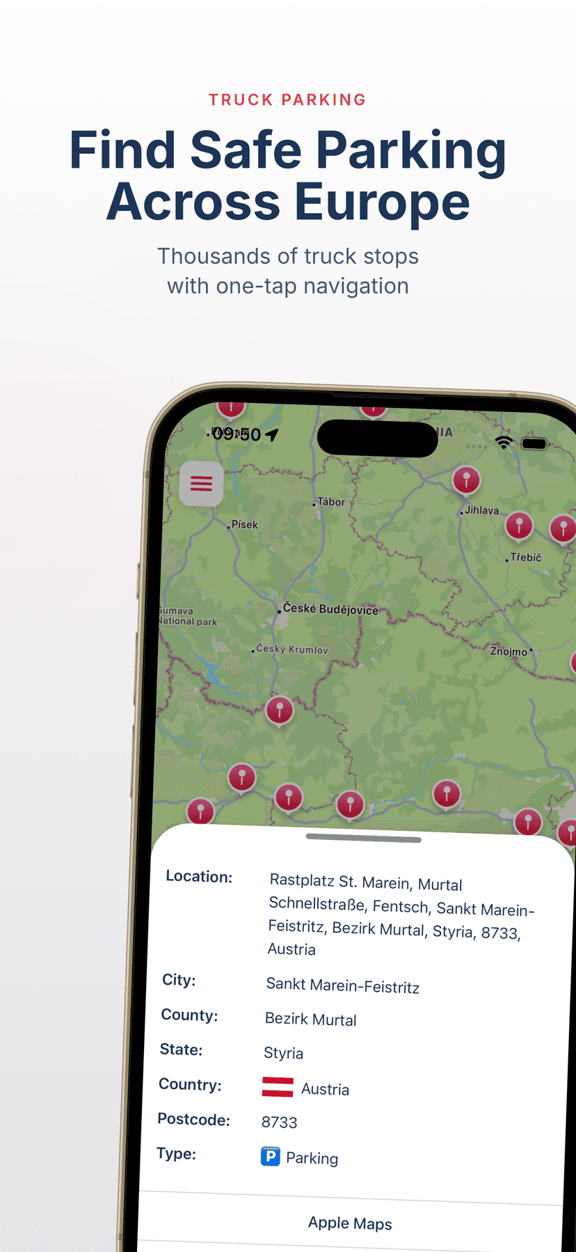 Truck parking map showing locations across Europe