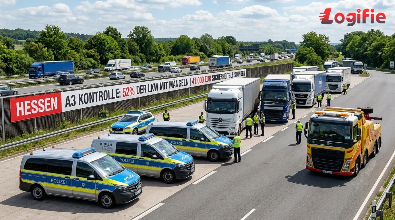 BALM inspectors and Hessian traffic police checking trucks at the Weiskirchen Nord motorway service area on the A3 in Germany