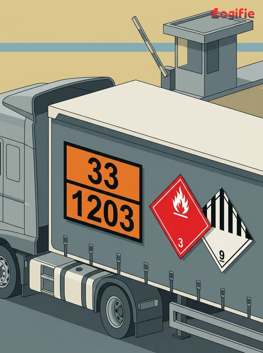 ADR transport hazmat placards and hazard-class diamonds on an HGV trailer at a European border crossing, editorial illustration