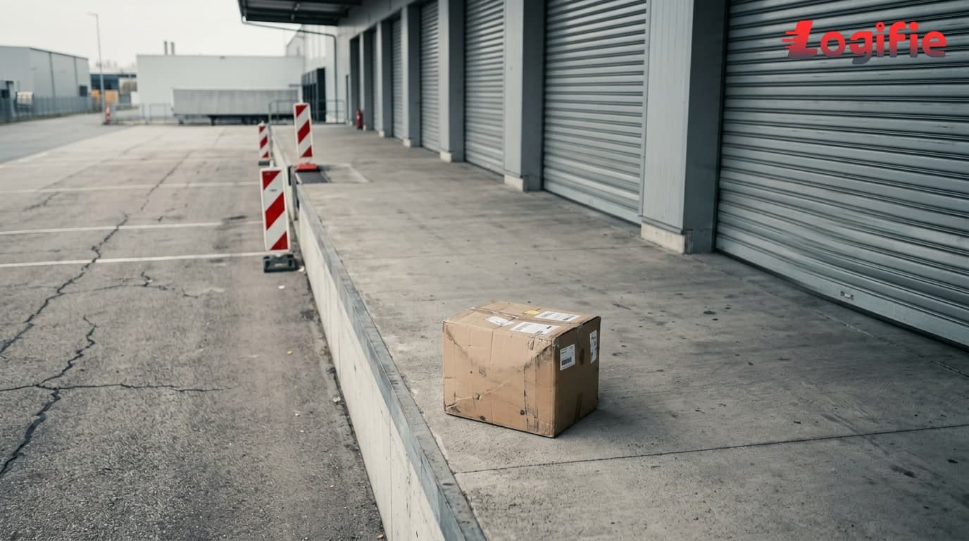 Editorial illustration of an empty loading dock with a worn shipping notice pinned to a closed roller door, representing the financial squeeze on established German road freight operators