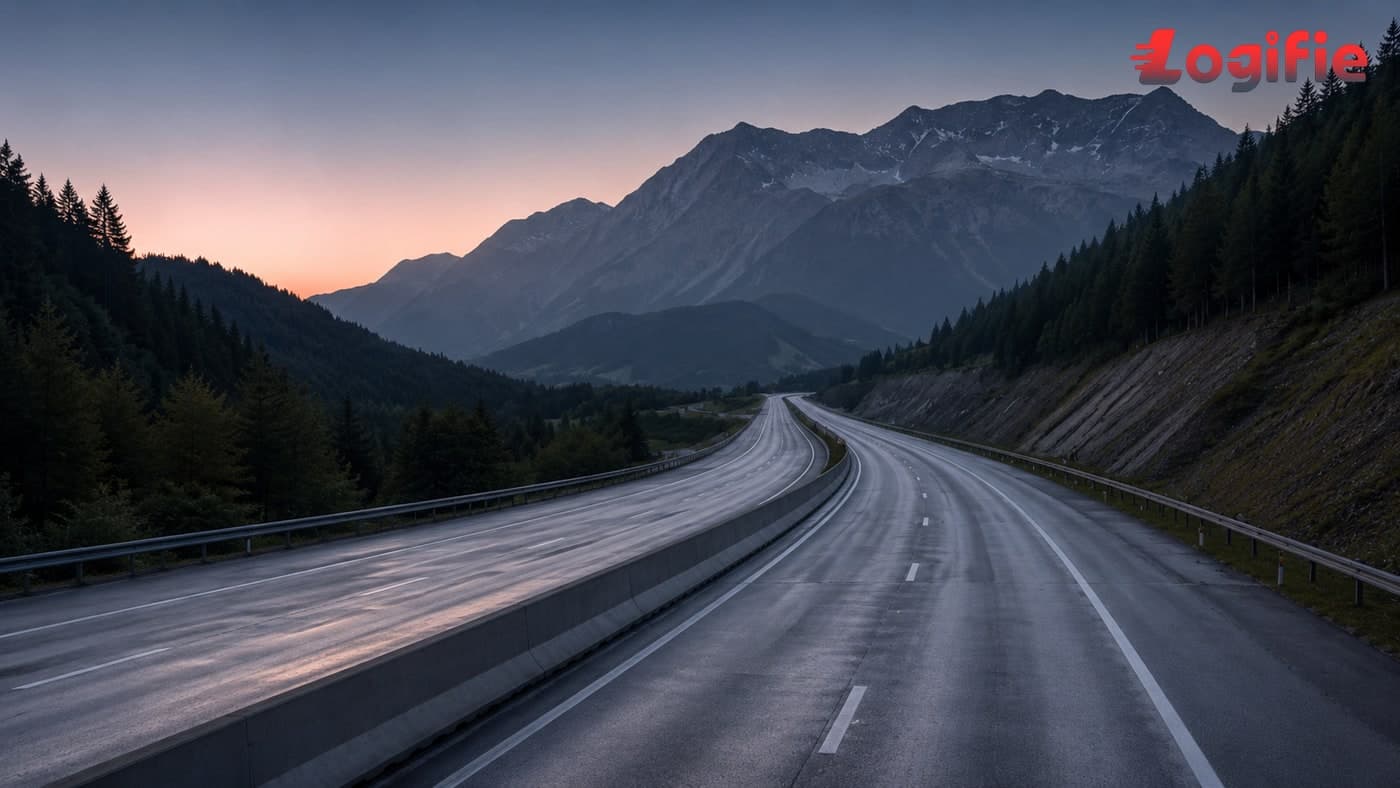 Documentary photograph of an empty Alpine motorway curving toward a high mountain pass at first light, every lane bare in both directions, marking Europe's most important north-south freight corridor switched off for the 30 May 2026 demonstration window.