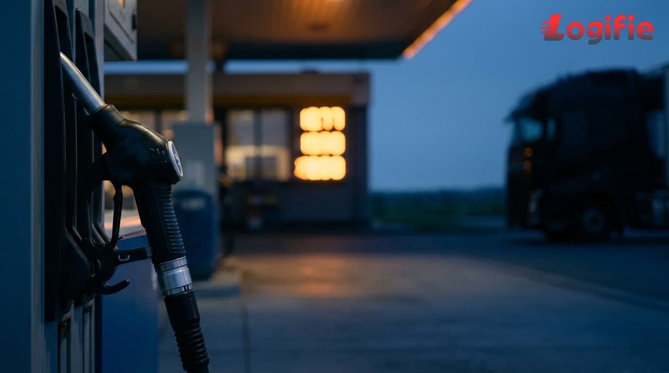 Oil price chart showing Brent crude's 19% May 2026 decline after Iran ceasefire signals ease Strait of Hormuz pressure on European road freight fuel costs