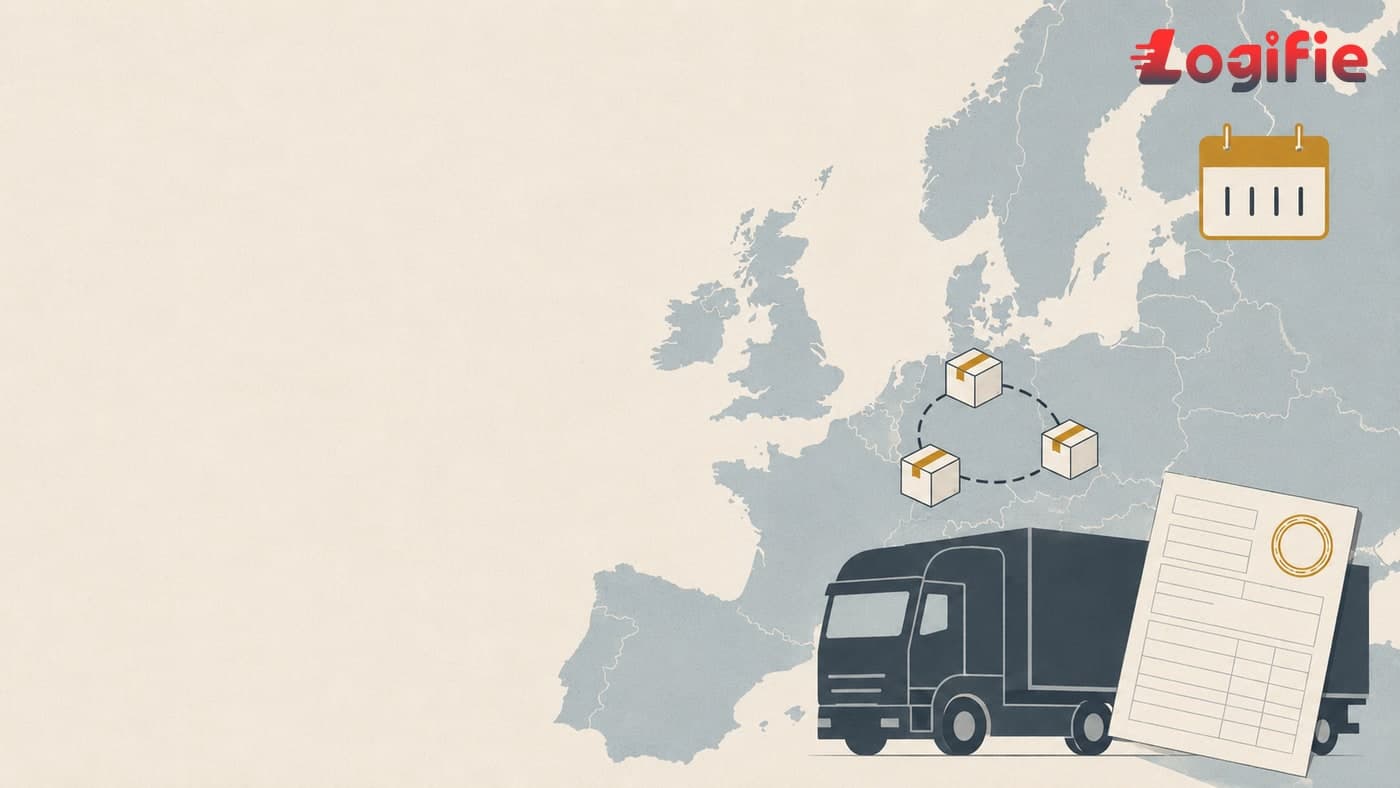 Editorial illustration showing a stylised map of Europe with three small parcels moving between countries, a four-day calendar block, and a stamped CMR consignment note beside an HGV silhouette — EU cabotage rules concept