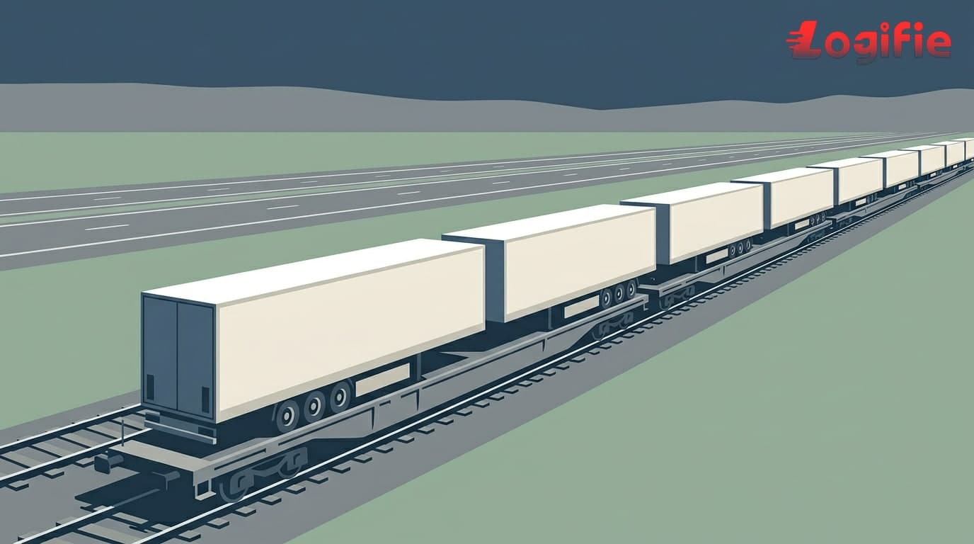 CargoBeamer intermodal semi-trailer flatcar moving through the French countryside, Calais–Perpignan freight corridor, June 2026