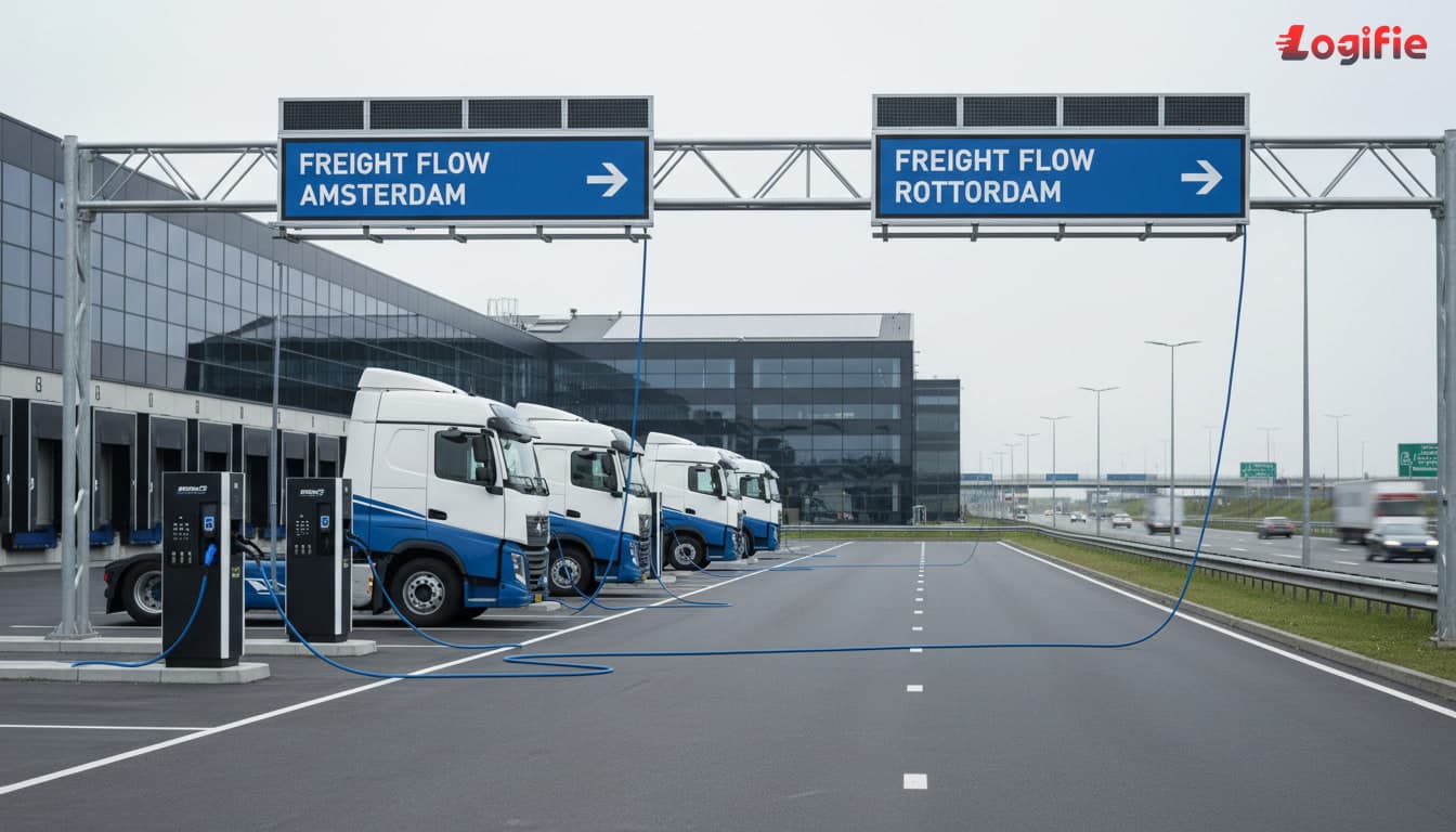 Photorealistic electric truck charging lane at a Dutch motorway logistics hub with long-haul tractor units, smart chargers, lane signage for Rotterdam and Amsterdam freight flows, clean overcast daylight.