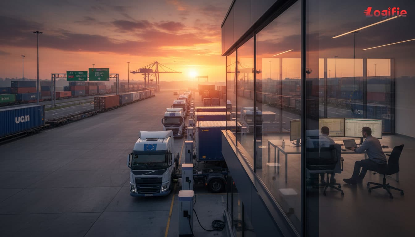 Photorealistic Polish cross-border logistics yard with modern electric truck fleet preparing for Germany-bound departures, dispatch teams checking route schedules and charging windows, industrial sunrise atmosphere.