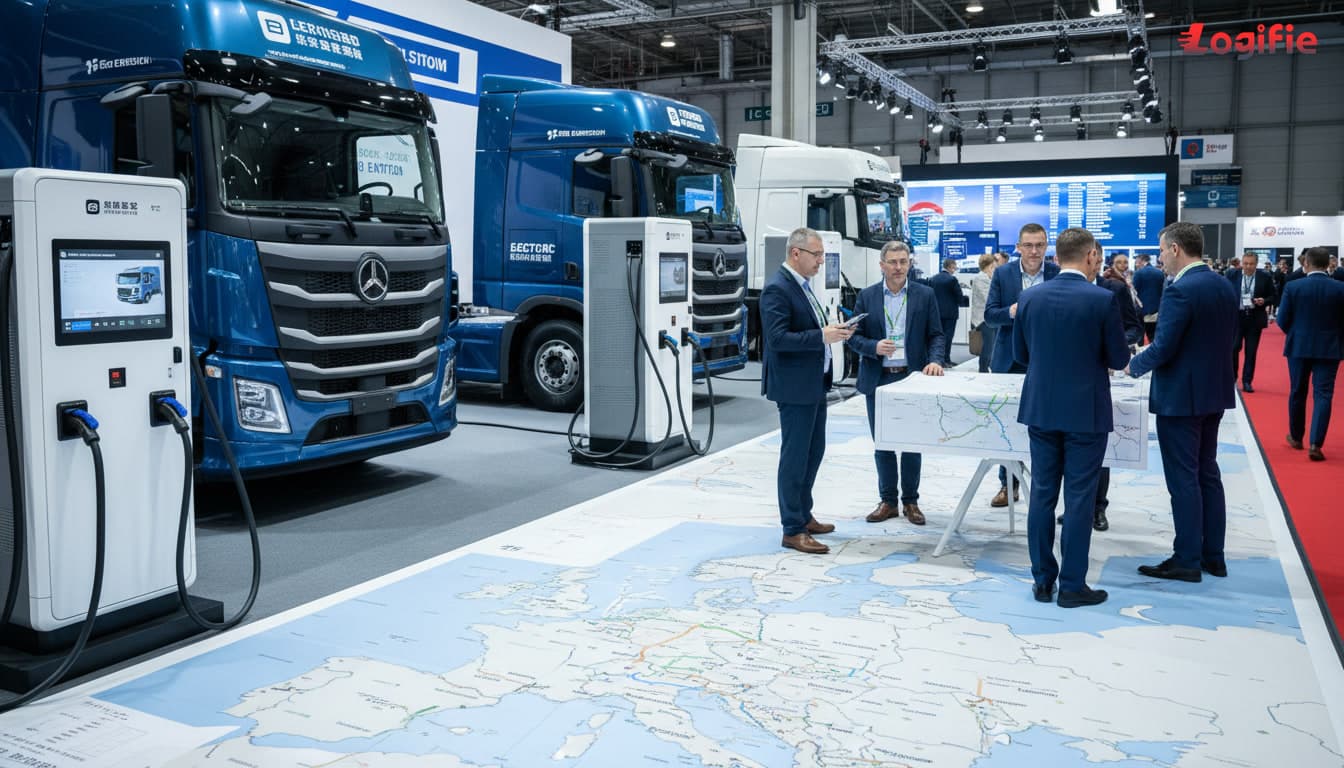 Photorealistic editorial scene at a European logistics expo in 2026, heavy-duty electric trucks from Chinese manufacturers displayed beside charging hardware, fleet managers comparing price sheets and corridor maps for Germany, Poland, Benelux, Scandinavia, and Hungary, modern freight terminal atmosphere, clean industrial lighting, no Russia or Belarus on any map.