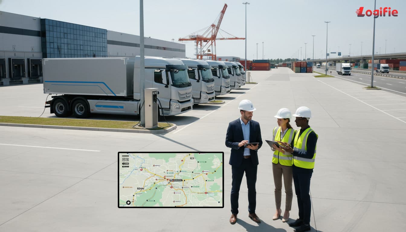 Photorealistic heavy-duty electric truck lineup at a European freight terminal, branded-neutral Chinese OEM vehicles beside charging cabinets, procurement teams with tablets reviewing route plans for Germany and Benelux, crisp industrial daylight, premium editorial business style.
