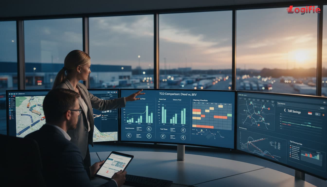 Editorial illustration of fleet managers inside a transport control room comparing total cost of ownership dashboards for diesel and battery-electric trucks, euro figures, charging schedules, and toll savings across Germany, the Netherlands, and Poland, realistic logistics-technology setting.