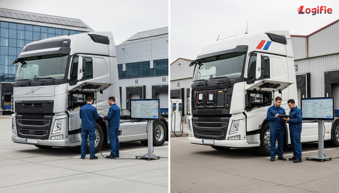Photorealistic side-by-side comparison scene with a European premium electric truck and a lower-cost Chinese electric truck at a logistics depot, engineers reviewing battery packs, service tools, and telematics dashboards, neutral editorial business composition.