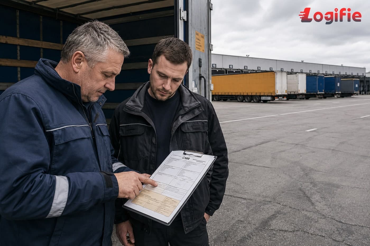Two truck drivers reviewing a paper consignment note at the back of an open trailer at a logistics hub
