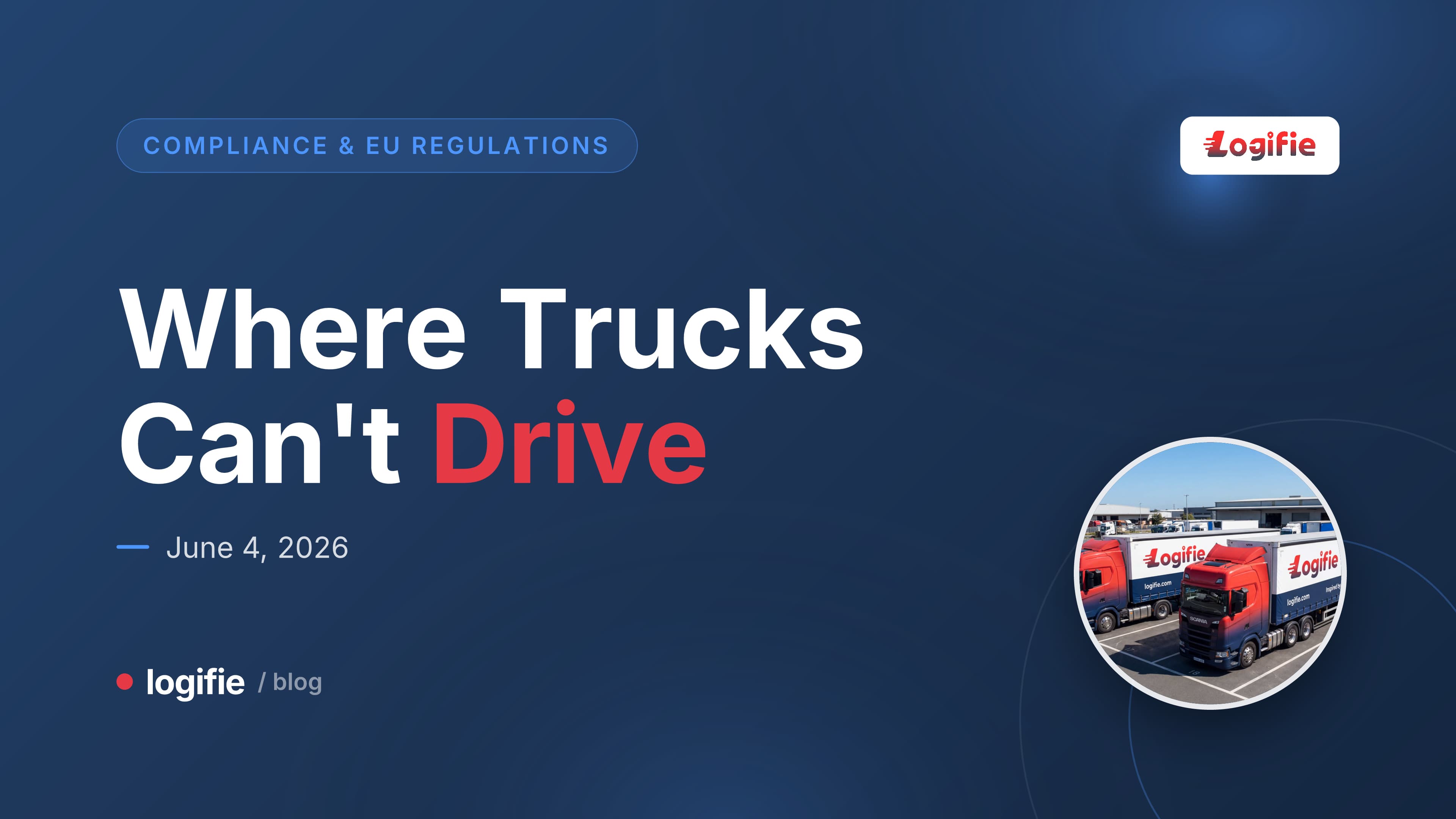 Editorial illustration of a stylised Central European motorway map at dawn showing a halted-traffic zone spanning Germany and Austria for Corpus Christi HGV ban 2026-06-04