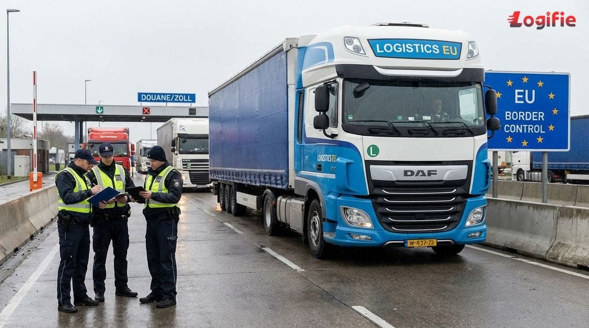 Truck clears an EU border checkpoint while customs officers verify paperwork