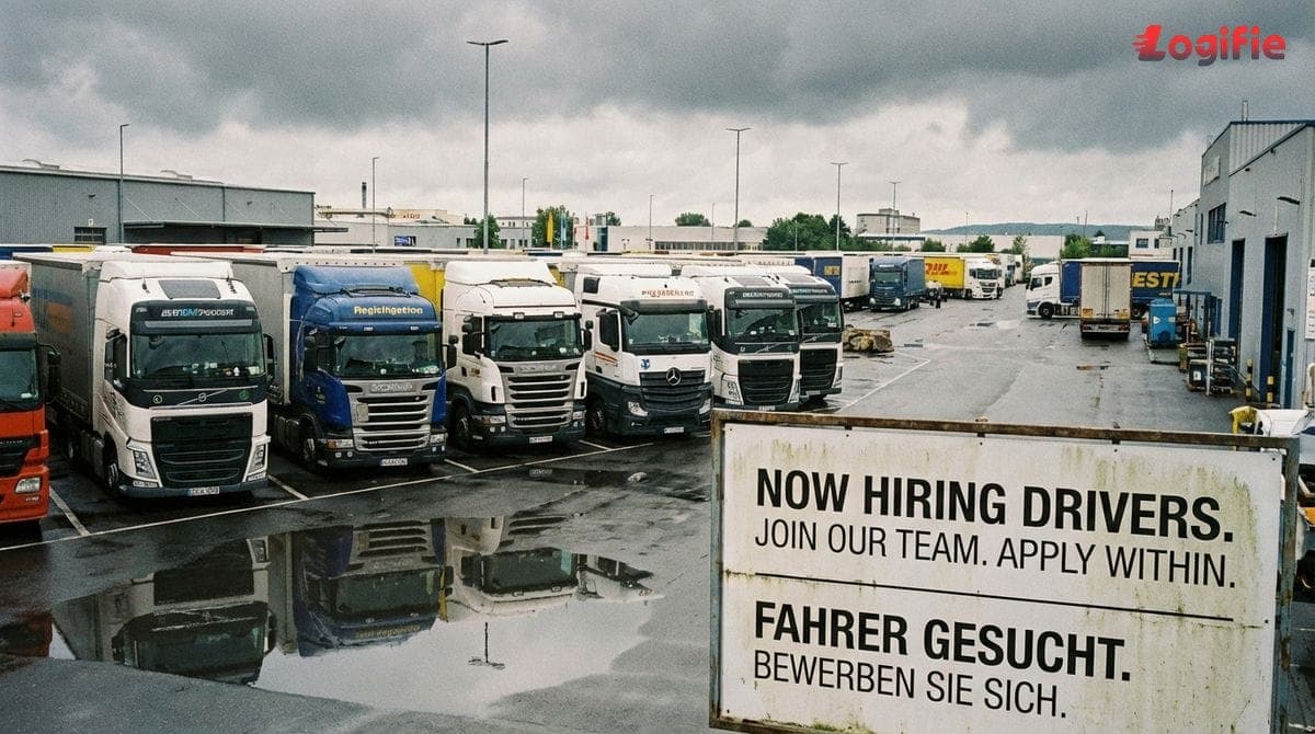 Photo of a row of parked semi-trailer trucks with a hiring sign in a European truck yard, cloudy sky.