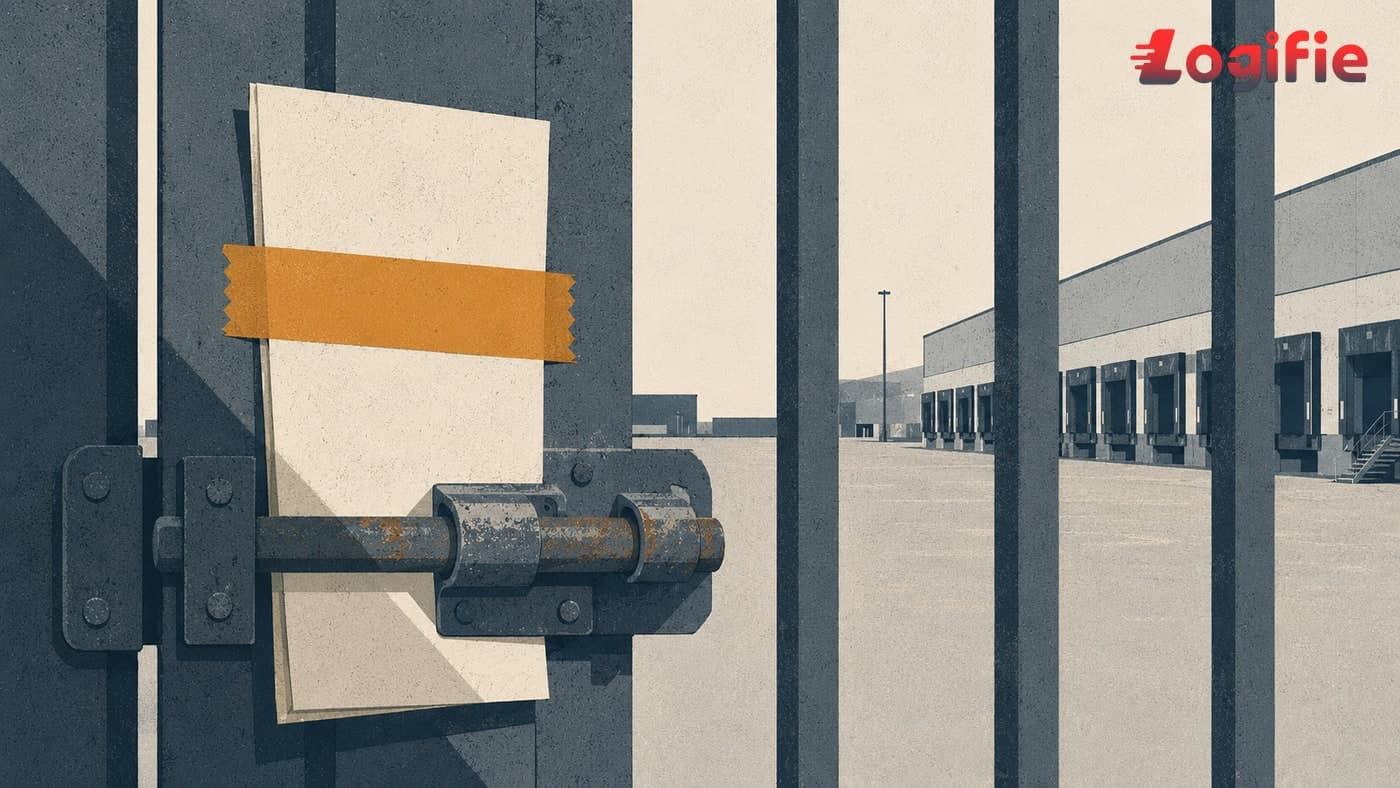 Editorial illustration of a closed Amsterdam depot gate with a sealed Dutch labour inspectorate compliance notice at first light, evoking the May 2026 two-month operating ban on a road-freight company for repeated wage breaches