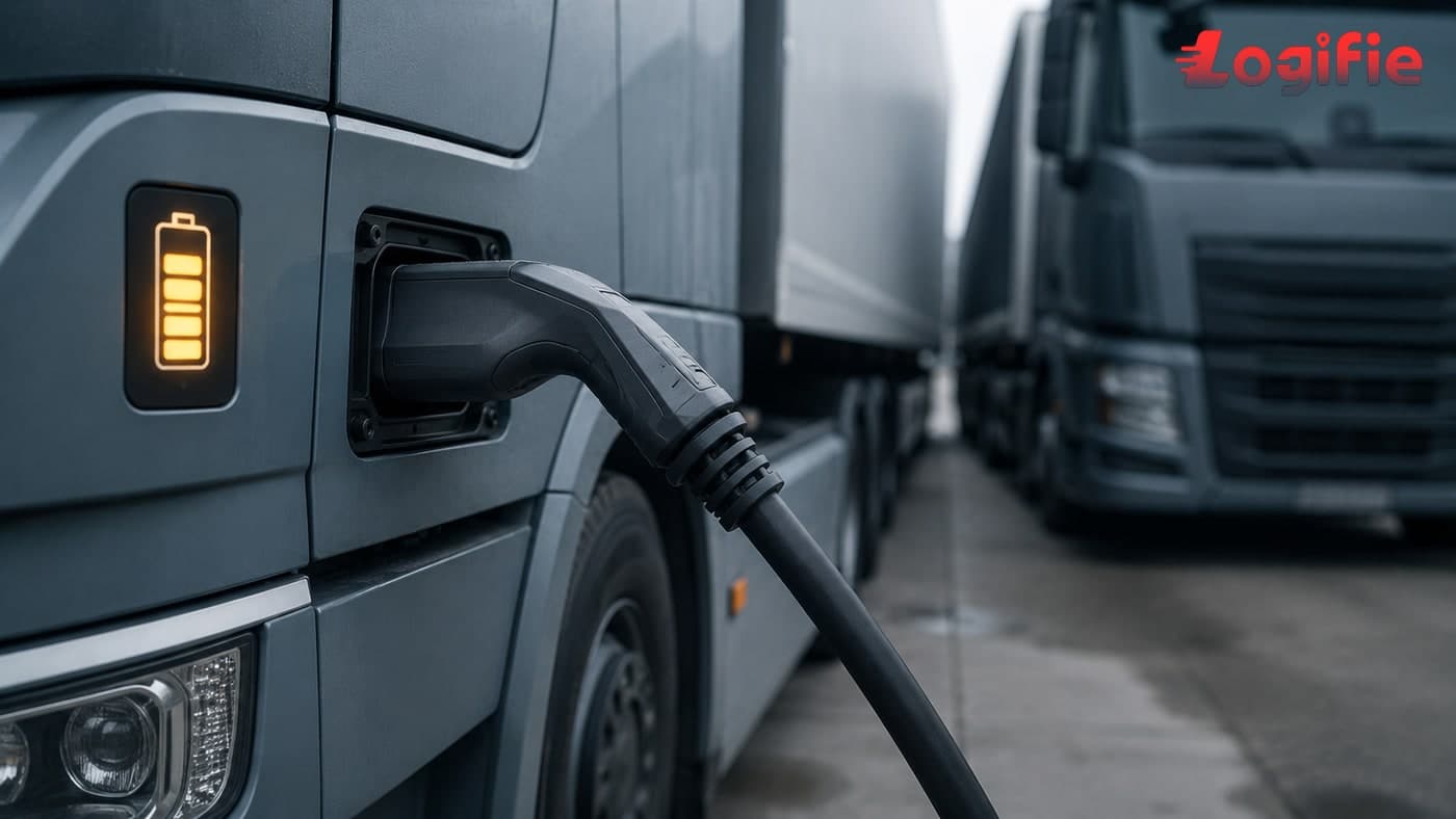 Editorial illustration of an electric semi-truck plugged into a public motorway charging station with a full battery indicator, second truck waiting in soft-focus behind