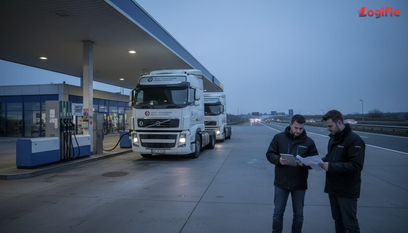 A dawn scene at a European motorway fuel station with two long-haul trucks queueing to refuel under a grey-blue sky, dispatch managers reviewing paper rate sheets and tablets beside the pumps, realistic editorial photography, natural cold light, no text or screens.