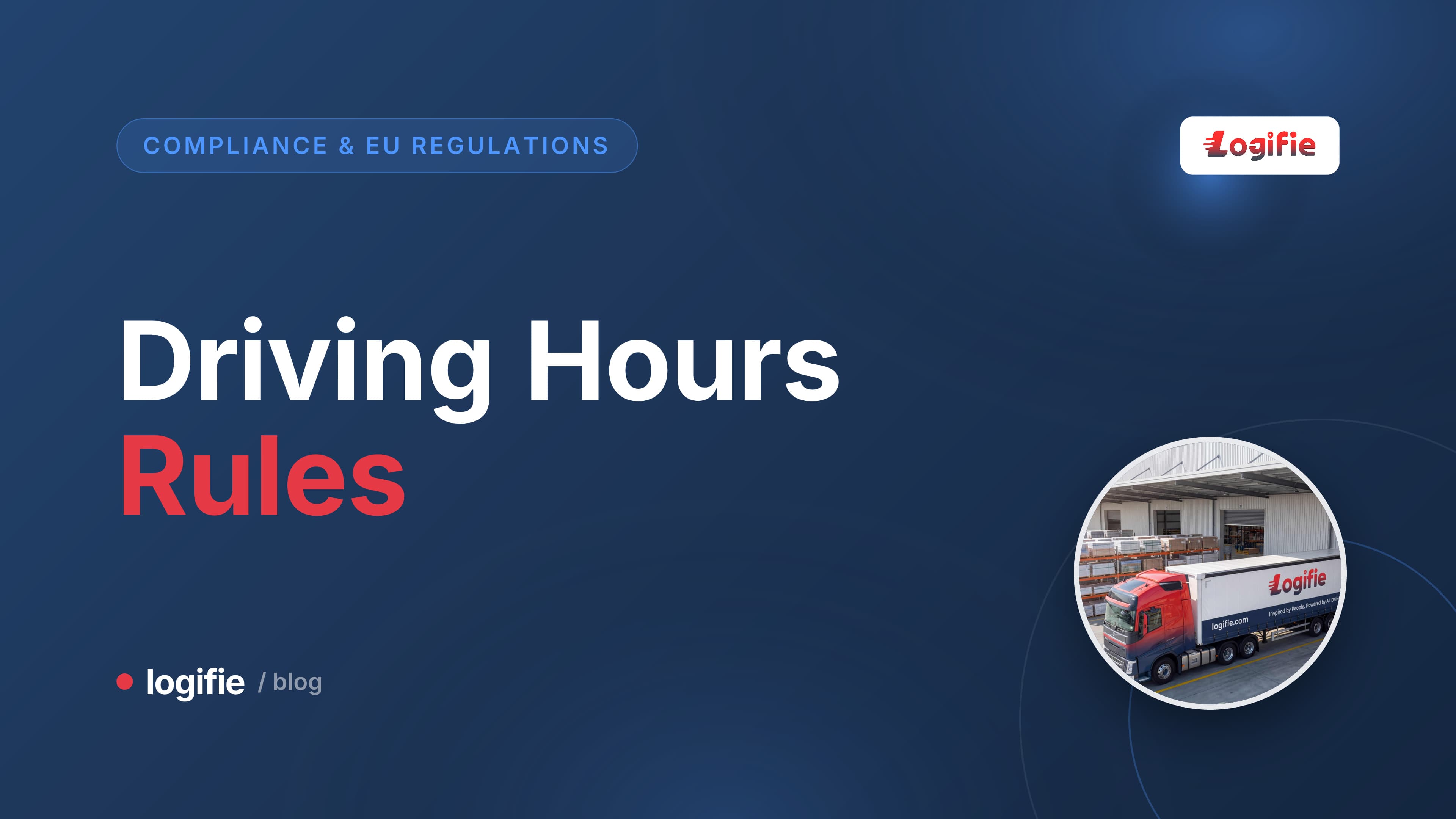 A long-haul truck cab dashboard at dusk with a digital tachograph display and clock — editorial illustration of EU driving hours compliance