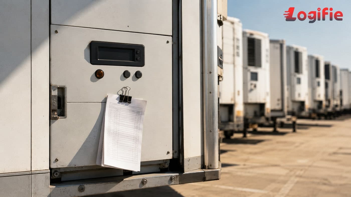 A single articulated road freight lorry parked in the shade of tall plane trees beside a quiet French national road at midday, with heat haze visible above the tarmac in the foreground, illustrating the Europe heat dome May 2026 disruption window.