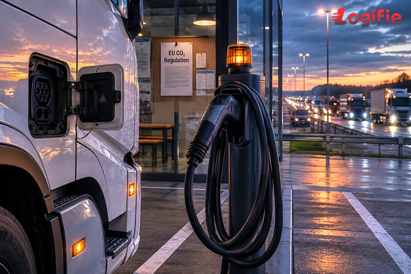 Editorial illustration showing an electric truck silhouette tethered to a charging post against a faded EU industrial backdrop, symbolising the gap between decarbonisation targets and available infrastructure