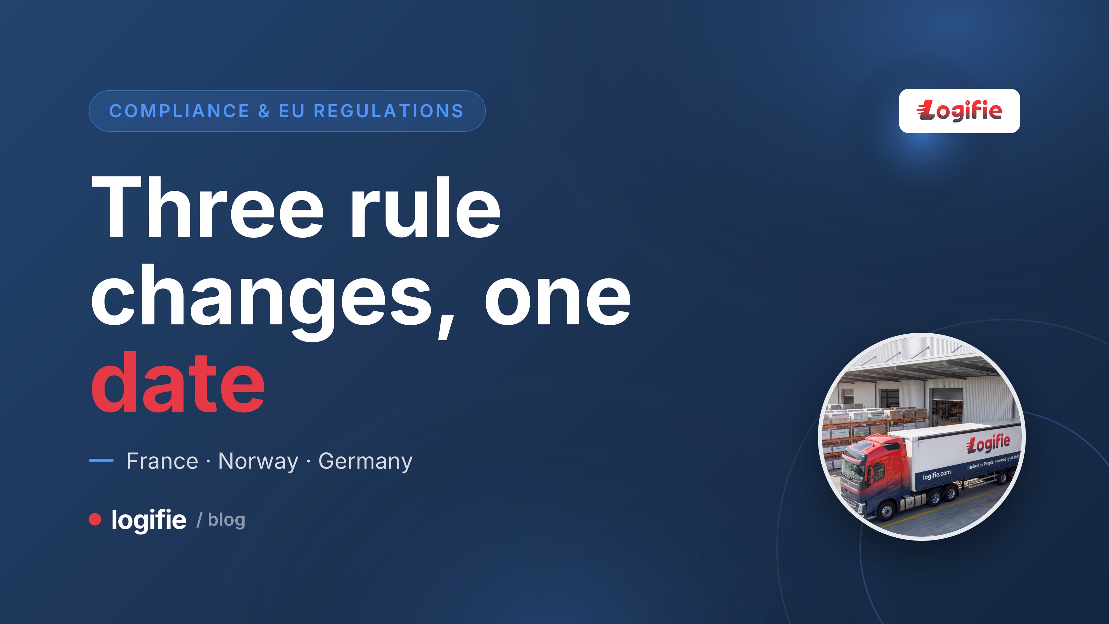Editorial illustration of three compliance documents from France, Norway and Germany arranged on a freight dispatcher's desk, road freight June 2026