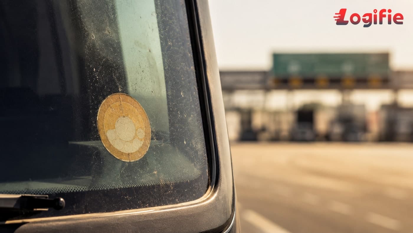 Editorial illustration of a French motorway under an ochre ozone haze at dusk, a lone articulated lorry silhouette heading south past a diversion sign