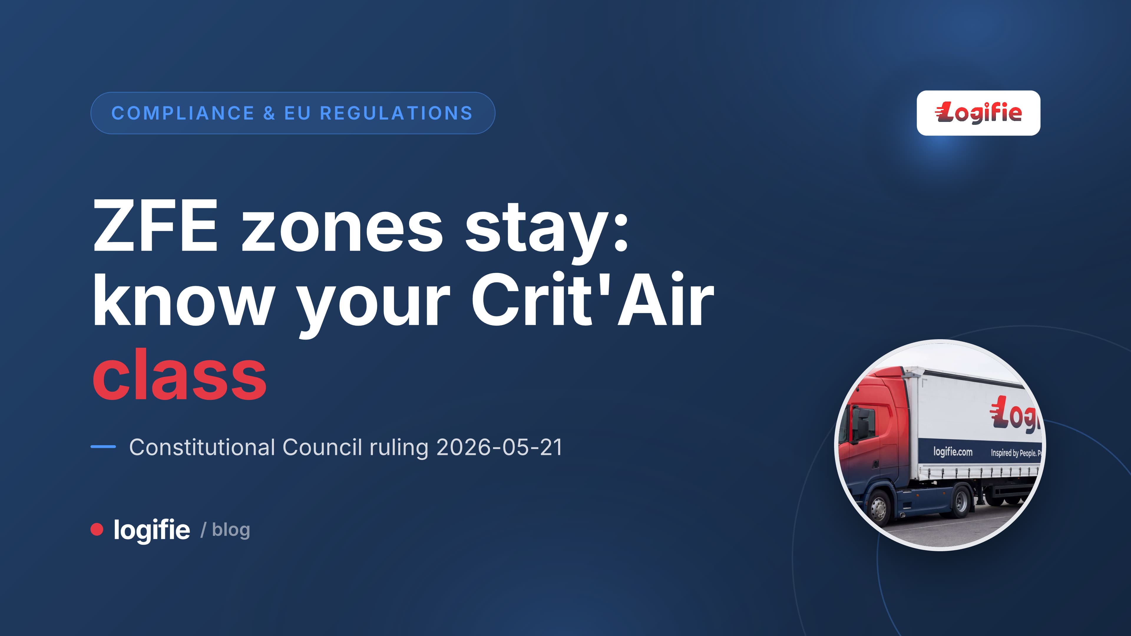 Crit'Air emission sticker on a truck windscreen in a French city ZFE zone, 2026