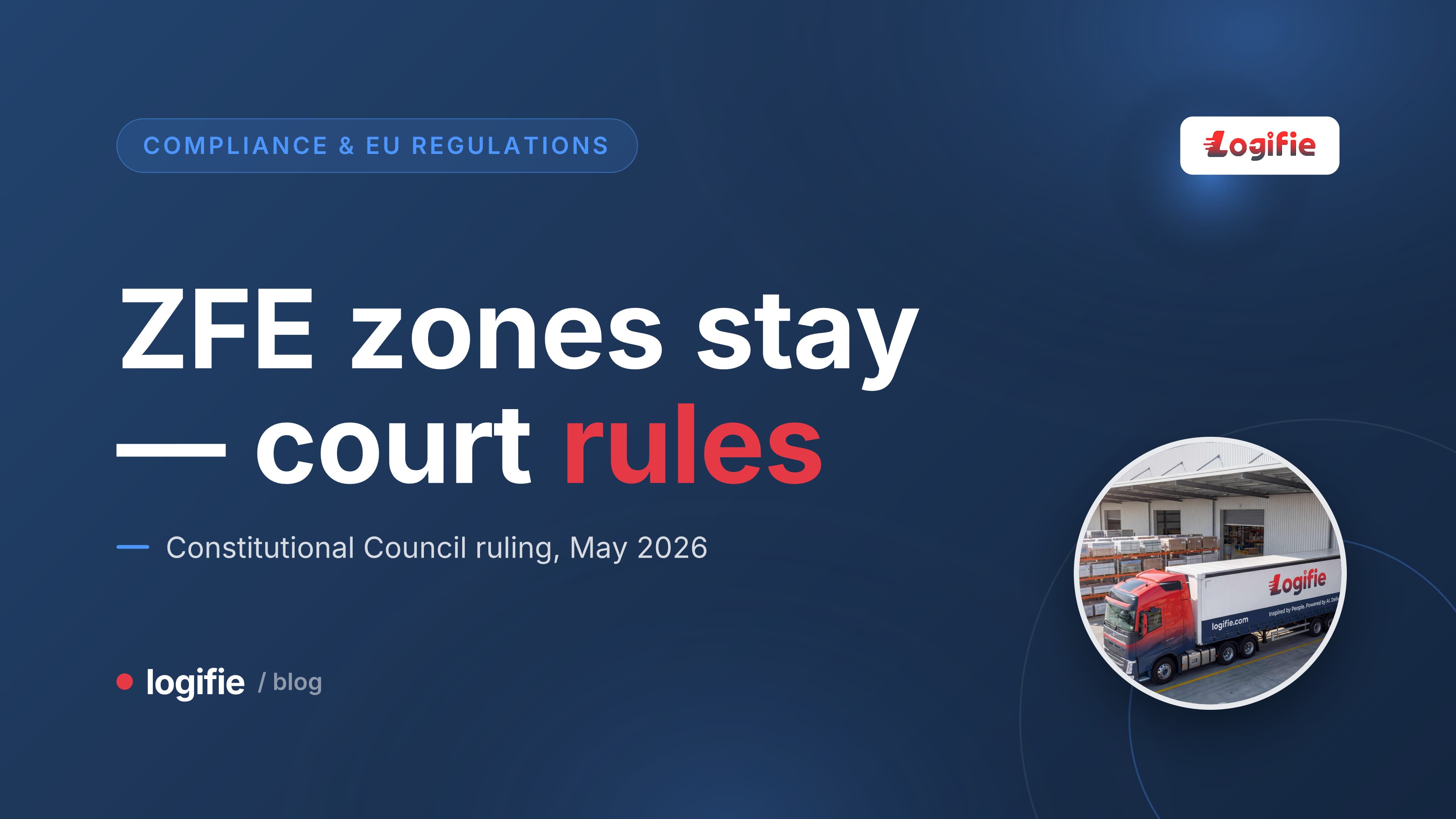 France low-emission zone sign with Constitutional Council seal overlay — ZFE ruling June 2026