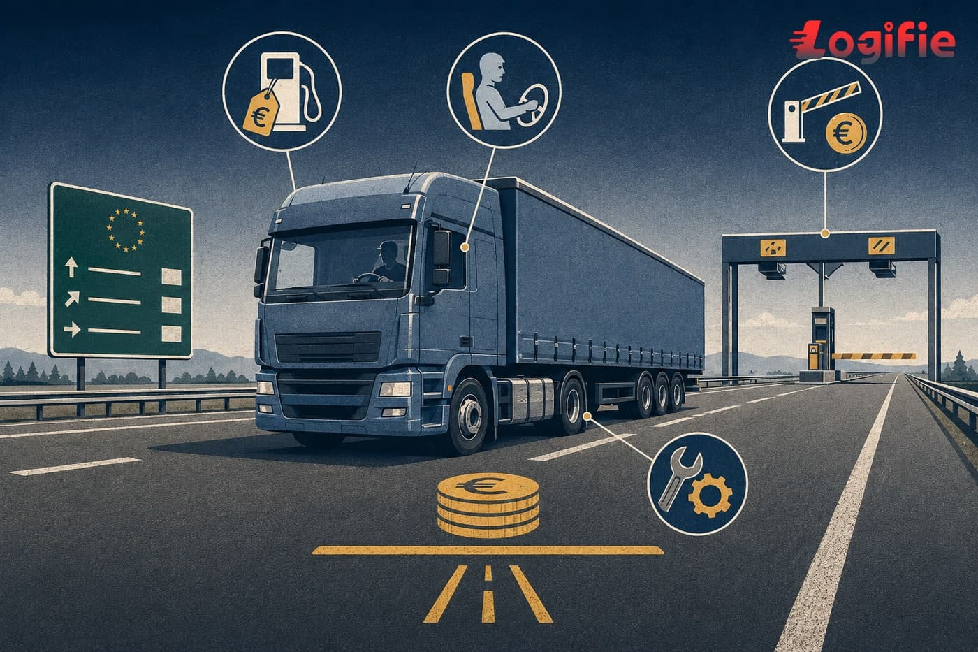 European articulated HGV on a motorway illustrating truck operating cost per kilometre — fuel, toll, and driver cost breakdown for 2026