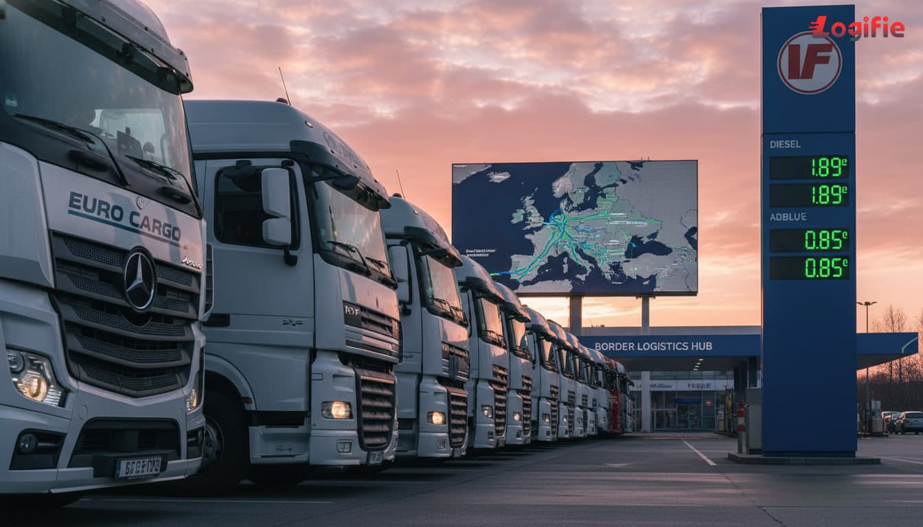 Photorealistic close-up of freight trucks waiting in a long queue at a Central European border fuel station, diesel price boards glowing at dawn, dispatch urgency, no Russia or Belarus on any map.