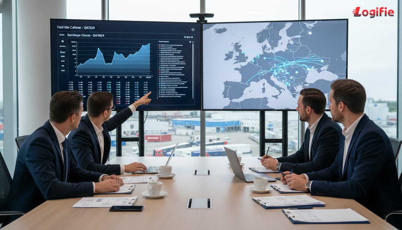 Photorealistic logistics procurement meeting in Europe, carrier and shipper teams reviewing surcharge clauses, diesel dashboards, and corridor maps on large monitors, professional crisis-planning mood, no Russia or Belarus on any map.