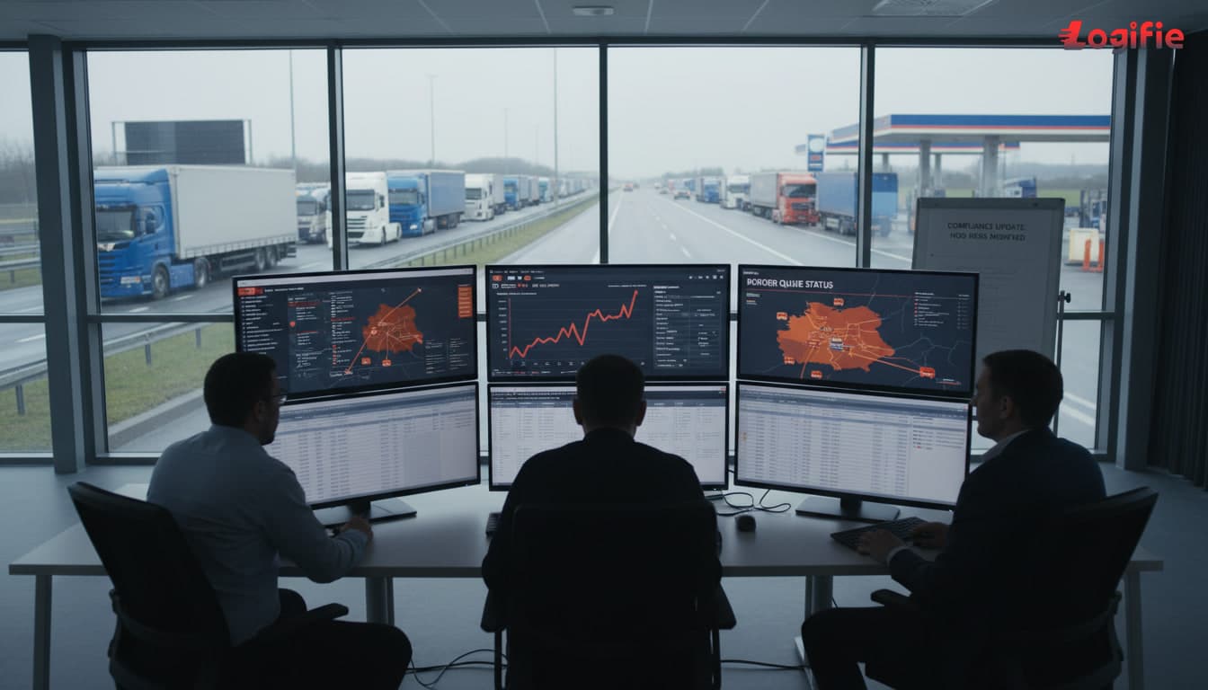 Photorealistic editorial logistics scene in Central Europe during the March 2026 fuel crisis, freight dispatchers studying diesel price dashboards, border queue maps for Germany, Poland, Slovakia, and the Czech Republic, heavy trucks waiting near fuel stations, compliance notices and surcharge spreadsheets on large screens, tense but professional atmosphere, no Russia or Belarus on any map.