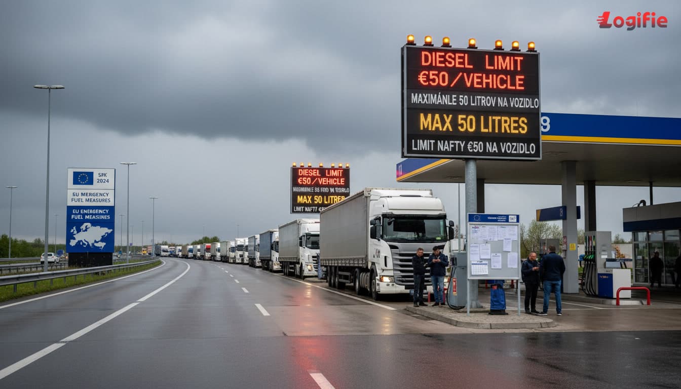 Photorealistic Slovak motorway fuel station during a diesel crisis, foreign freight trucks queuing beside emergency limit signage, dispatch notices in Slovak and EU compliance visuals, tense spring weather, Central European setting, no Russia or Belarus on any map or signage.