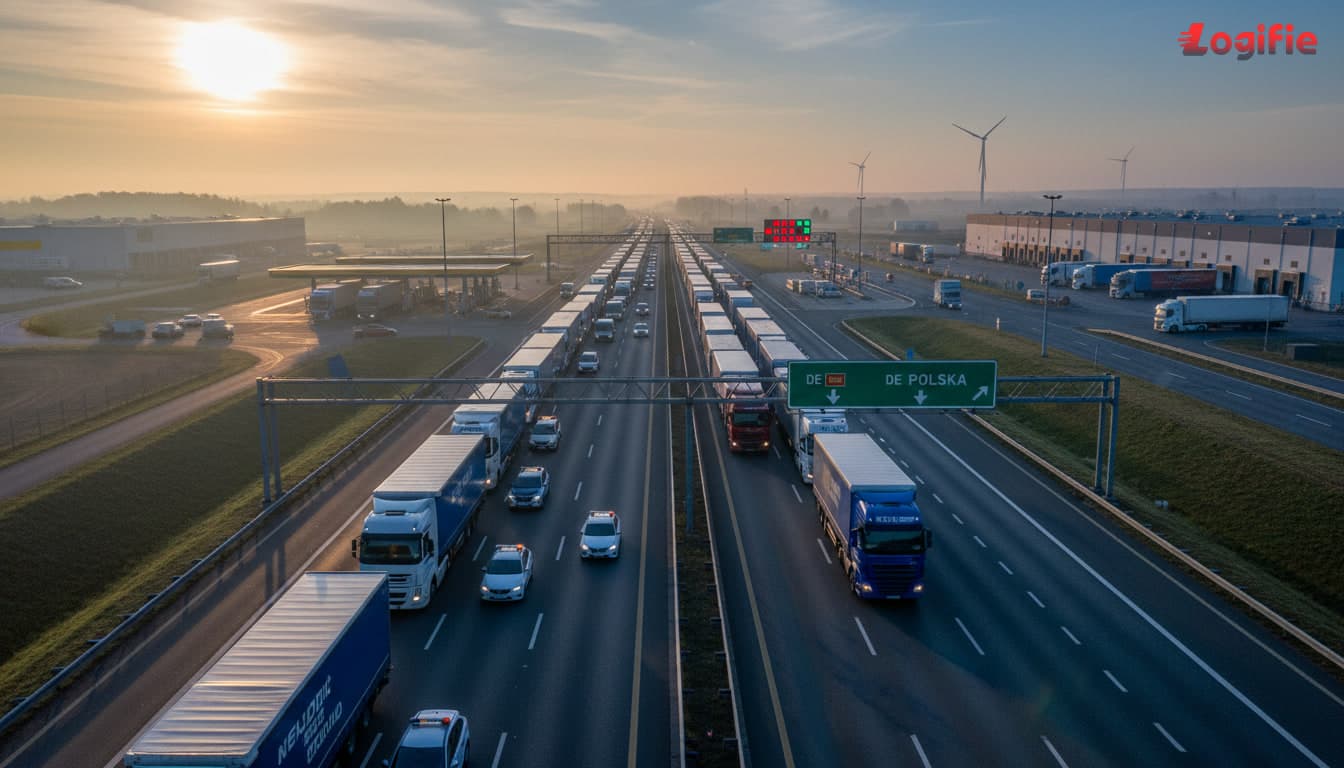 Photorealistic German-Polish border freight corridor with long truck queues at a fuel station, customs inspection lights, dispatch vehicles, road signage toward Poland and Germany, early morning logistics atmosphere, no Russia or Belarus on any map or signage.