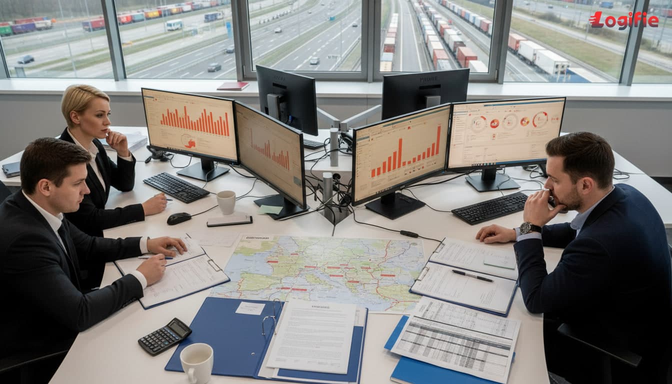Photorealistic freight carrier office in Poland during a cost crisis, dispatchers reviewing red fuel-cost dashboards, contract folders, route maps, and truck fleet schedules, serious financial planning atmosphere, modern logistics office, no Russia or Belarus on any map.