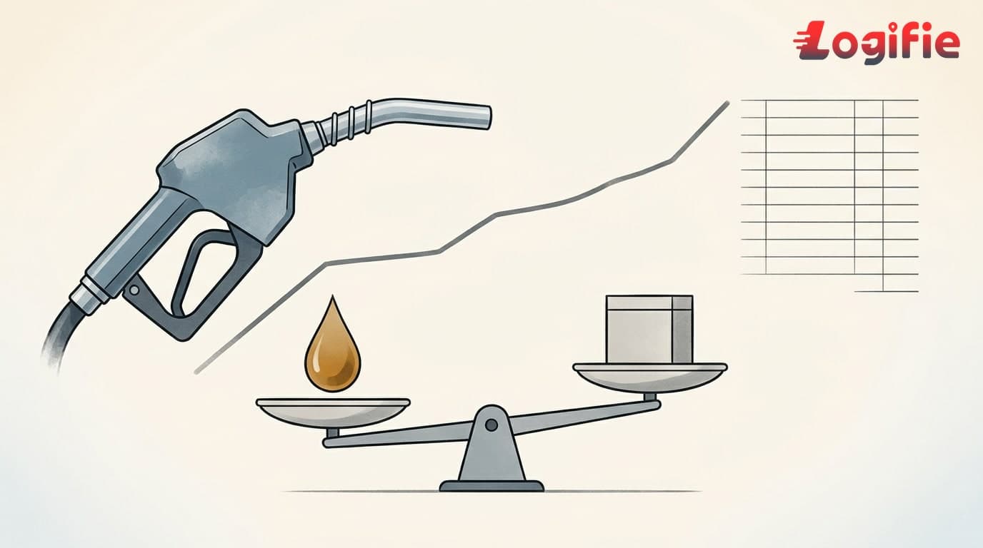 Editorial illustration showing the fuel surcharge formula for road freight: a fuel pump nozzle on an invoice next to a balance scale weighing diesel cost against freight rate