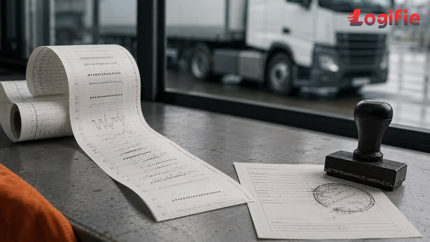 Editorial close-up photograph of a worn HGV driver logbook and a stamped official inspection notice on a depot counter, with a truck cab visible through a window behind
