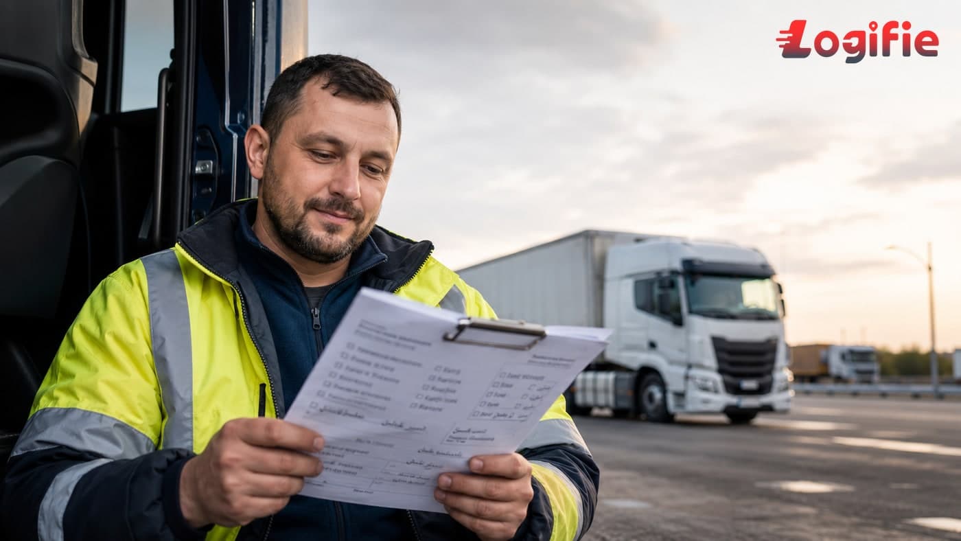 HGV truck driver reviewing documents at a logistics depot in Germany