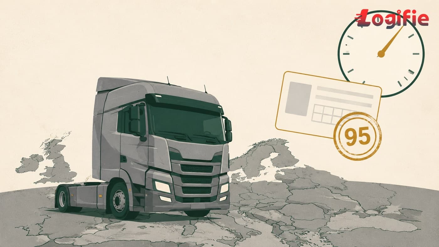Editorial illustration on how to become a truck driver in Europe, showing an HGV cab on a map of Europe with the Driver CPC Code 95 credential symbol