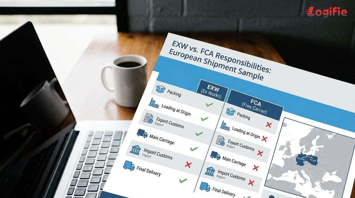 Chart comparing EXW and FCA responsibilities for a sample European shipment