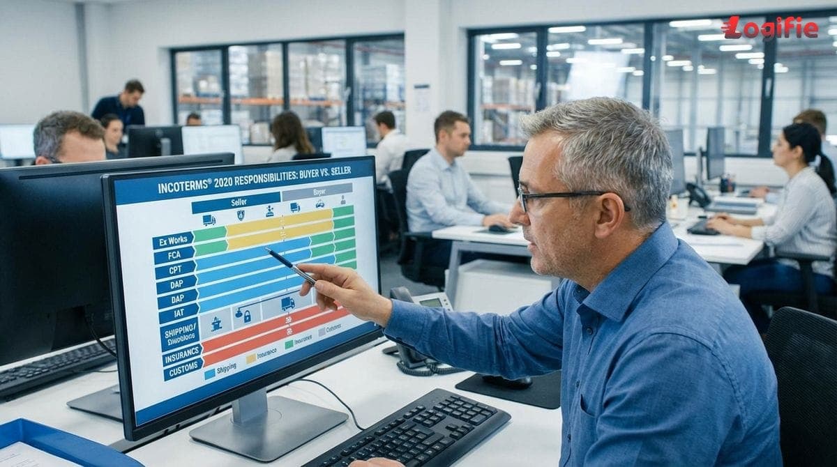 Logistics manager reviews a screen that breaks down Incoterms responsibilities for buyers and sellers