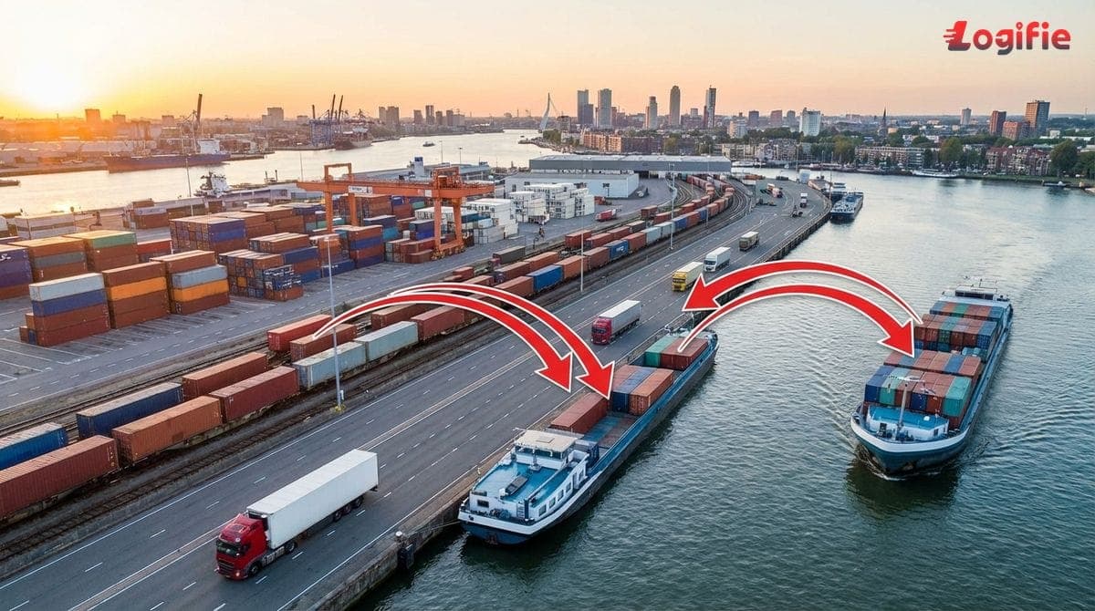 Illustration of a multimodal logistics network in Europe showing containers moving between trucks, trains, barges and short-sea ships with arrows.