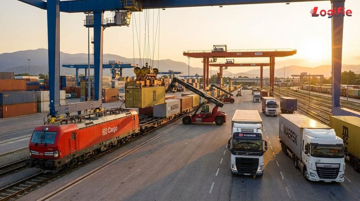 Photo of a European intermodal terminal with a freight train loading containers from road trucks and cranes in the background.