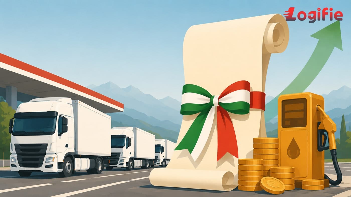 Italian trucks at a depot with the Italian flag, representing the government haulage relief deal