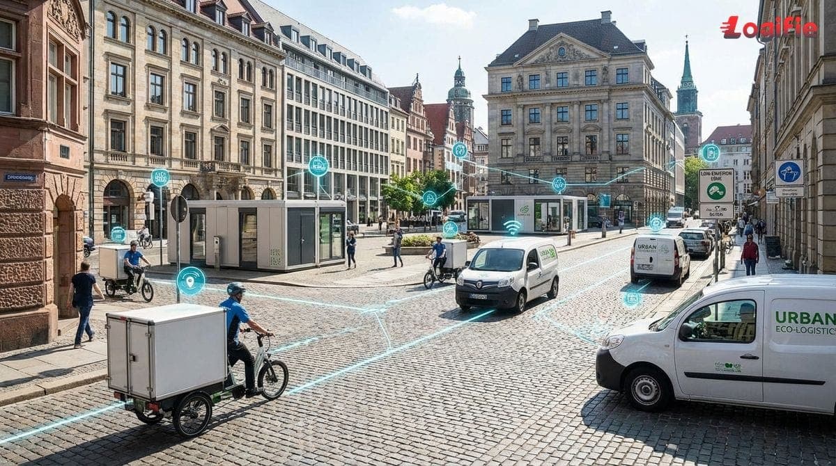 Illustration of a European city with micro-hubs, cargo bikes and electric vans delivering parcels through low-emission zones, icons showing dynamic routing.